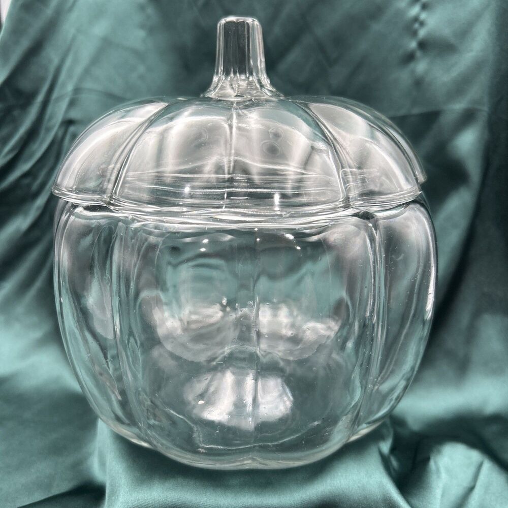 Vintage Anchor Hocking Clear Glass Pumpkin Cookie Candy Jar w/Lid 7x6
